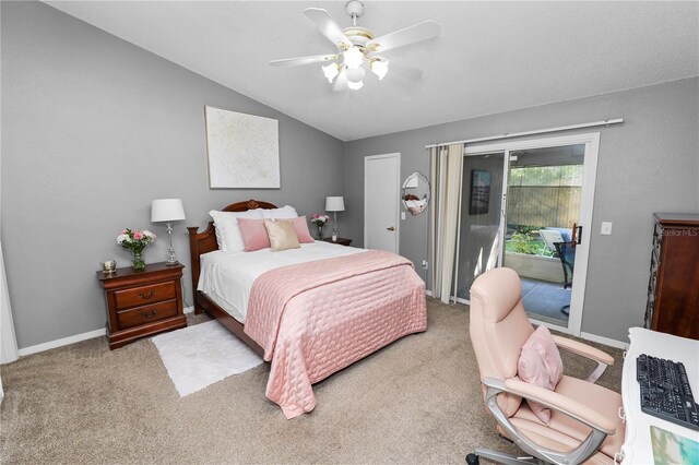 bedroom featuring carpet floors, a ceiling fan, vaulted ceiling, access to outside, and baseboards