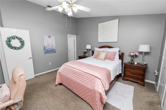 bedroom featuring lofted ceiling, carpet flooring, visible vents, and baseboards