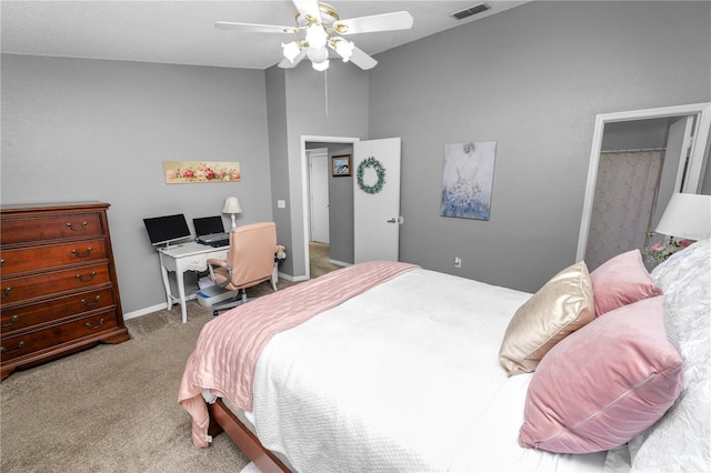 carpeted bedroom with visible vents and ceiling fan