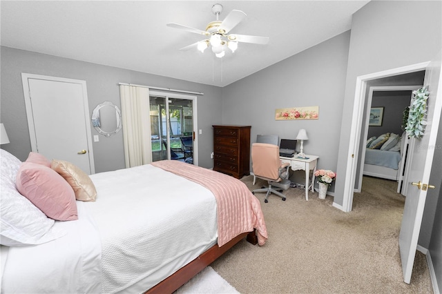 bedroom with light carpet, baseboards, a ceiling fan, access to outside, and vaulted ceiling