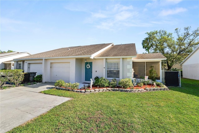 single story home featuring driveway, roof with shingles, an attached garage, a front lawn, and stucco siding