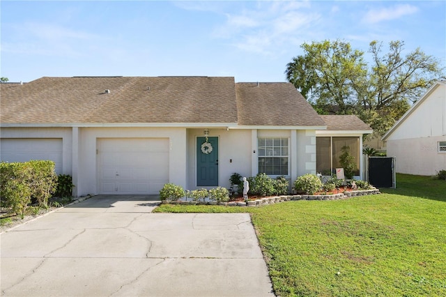 view of front of home featuring an attached garage, a shingled roof, driveway, stucco siding, and a front lawn