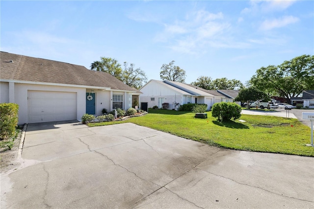 single story home with driveway, a shingled roof, an attached garage, a front lawn, and stucco siding