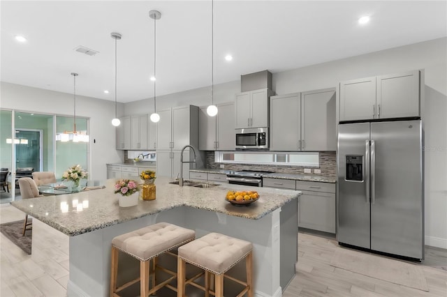 kitchen with tasteful backsplash, visible vents, appliances with stainless steel finishes, gray cabinetry, and a sink