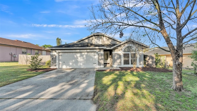 ranch-style house featuring stucco siding, driveway, fence, a front yard, and a garage