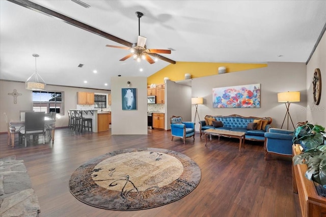 living room featuring visible vents, vaulted ceiling with beams, dark wood finished floors, and a ceiling fan