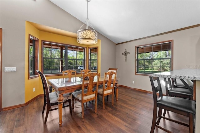 dining area featuring dark wood finished floors, lofted ceiling, baseboards, and a wealth of natural light