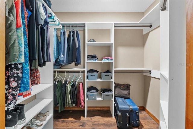 walk in closet with wood finished floors