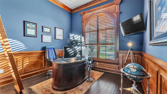 office space with dark wood-style floors, wainscoting, and crown molding