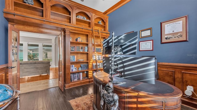 office with dark wood-type flooring and wainscoting