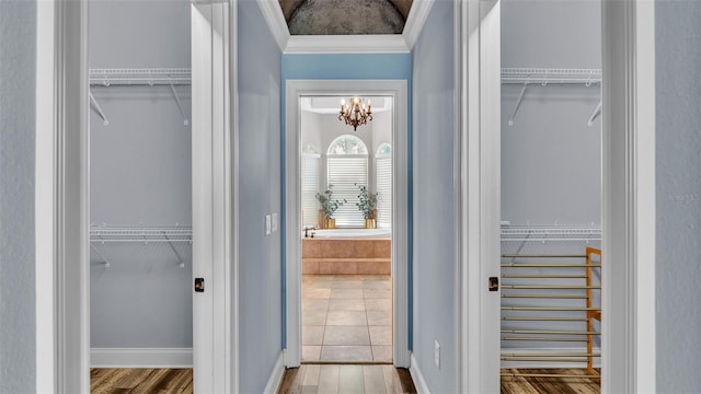 spacious closet featuring a notable chandelier and wood finished floors