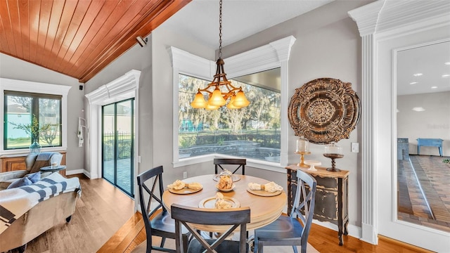 dining area with a chandelier, vaulted ceiling, wooden ceiling, and wood finished floors