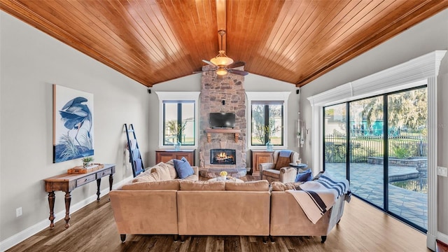 living room with wooden ceiling, lofted ceiling, wood finished floors, and a fireplace