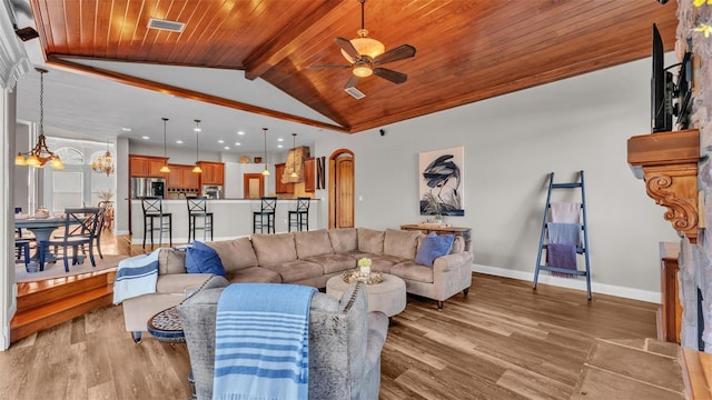 living room with visible vents, lofted ceiling with beams, wooden ceiling, light wood finished floors, and baseboards