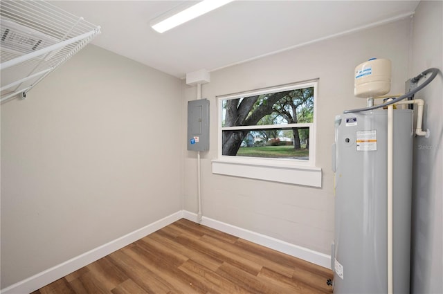 interior space with electric panel and water heater