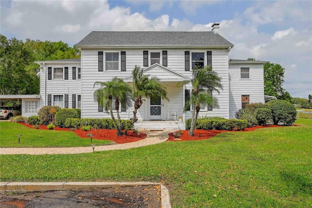 colonial home with a front yard and a chimney