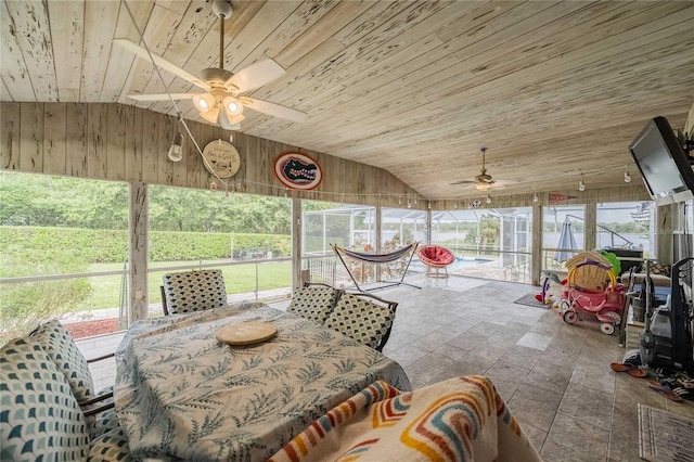 sunroom / solarium with a wealth of natural light, wood ceiling, and lofted ceiling