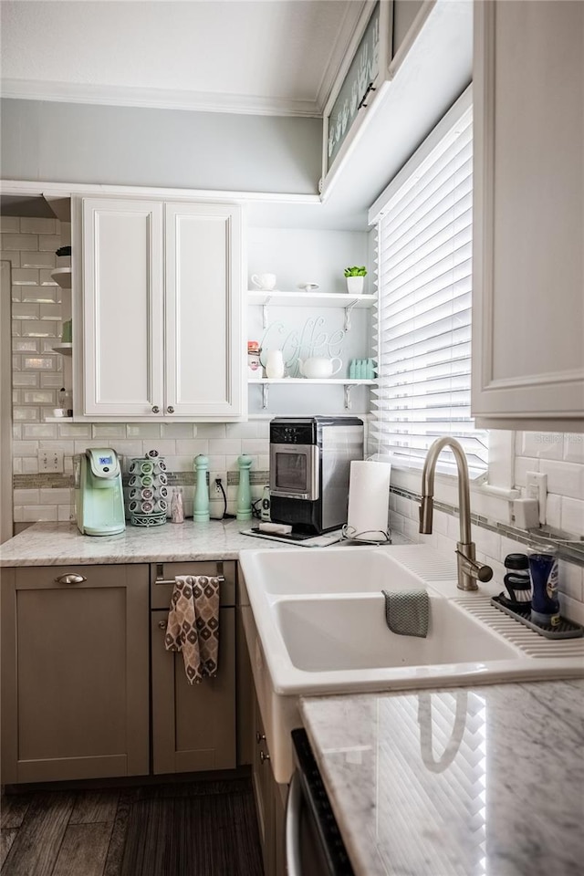 112 E Graham Park Dr, Haines City, FL 33844 - kitchen featuring open shelves, ornamental molding, tasteful backsplash, white cabinets, and dark wood-style flooring