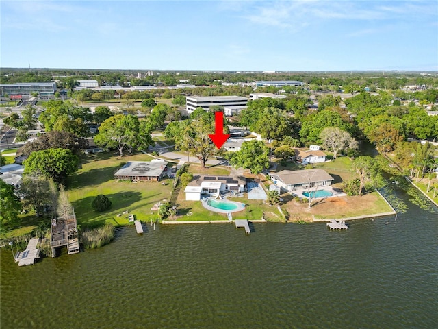 aerial view featuring a water view