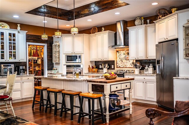 kitchen featuring dark wood-style floors, a tray ceiling, an island with sink, stainless steel appliances, and wall chimney exhaust hood