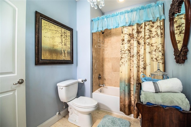 bathroom with tile patterned flooring, toilet, baseboards, and shower / tub combo with curtain