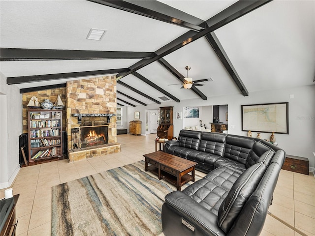 living room featuring visible vents, vaulted ceiling with beams, a fireplace, ceiling fan, and tile patterned flooring