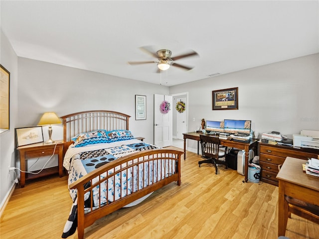 bedroom with light wood-style floors, visible vents, and baseboards
