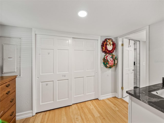 interior space with electric panel, a closet, baseboards, and light wood-style flooring
