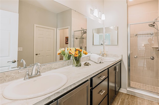 bathroom featuring a sink, double vanity, wood finished floors, and a shower stall