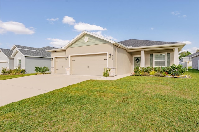 ranch-style house featuring stucco siding, driveway, a front lawn, and a garage