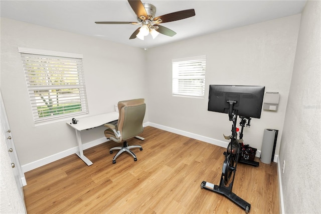 home office featuring light wood-style flooring, baseboards, a wealth of natural light, and ceiling fan