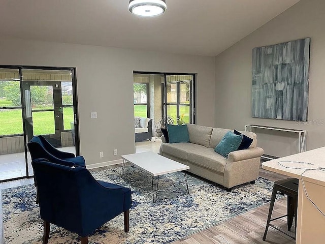 living room featuring baseboards, a healthy amount of sunlight, wood finished floors, and vaulted ceiling