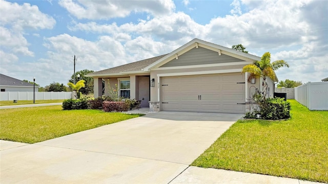 single story home with a front lawn, concrete driveway, fence, and a garage