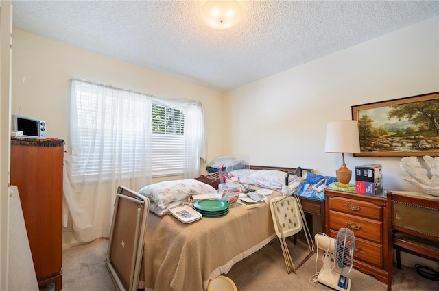 bedroom with carpet and a textured ceiling