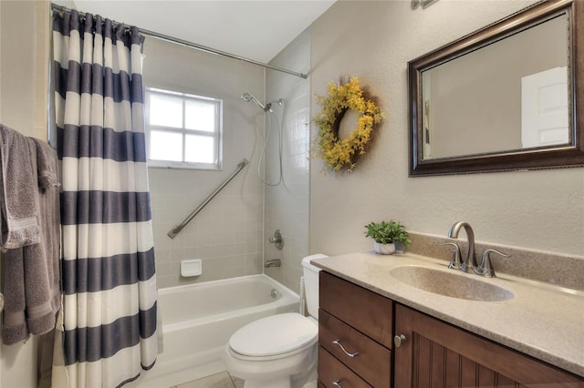 full bathroom with shower / bath combo with shower curtain, toilet, and vanity