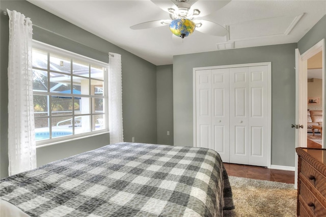 tiled bedroom with visible vents, baseboards, a closet, and ceiling fan