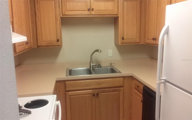 kitchen featuring a sink, stove, light countertops, and freestanding refrigerator