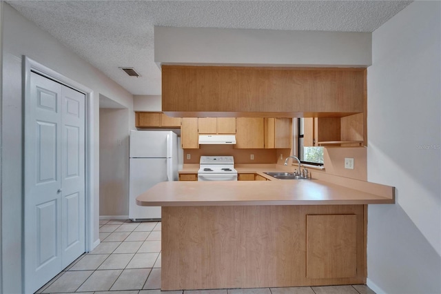 kitchen with a sink, under cabinet range hood, light countertops, white appliances, and open shelves