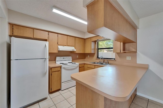 kitchen featuring under cabinet range hood, light countertops, a peninsula, white appliances, and a sink