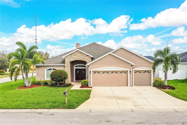 ranch-style home featuring a garage, driveway, a front lawn, and stucco siding