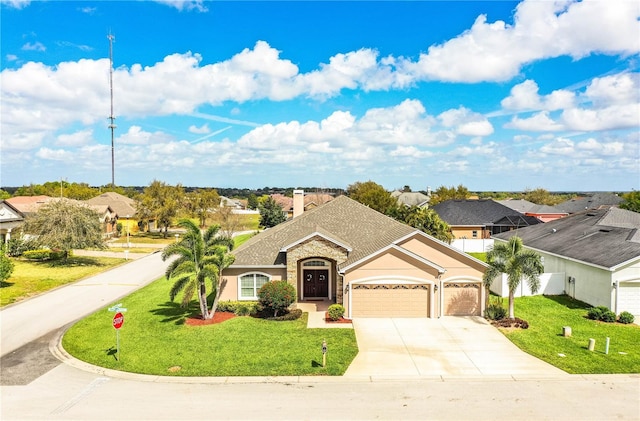 ranch-style house with a garage, driveway, a residential view, and a front lawn