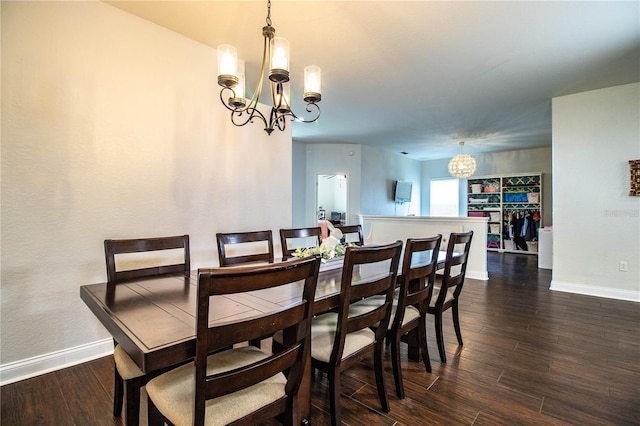 dining area with baseboards, an inviting chandelier, and dark wood-style floors