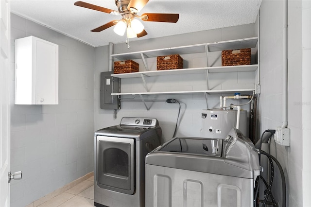 clothes washing area with laundry area, electric panel, water heater, a textured ceiling, and washer and clothes dryer