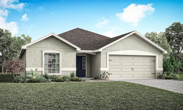 single story home featuring concrete driveway, a front yard, roof with shingles, stucco siding, and an attached garage