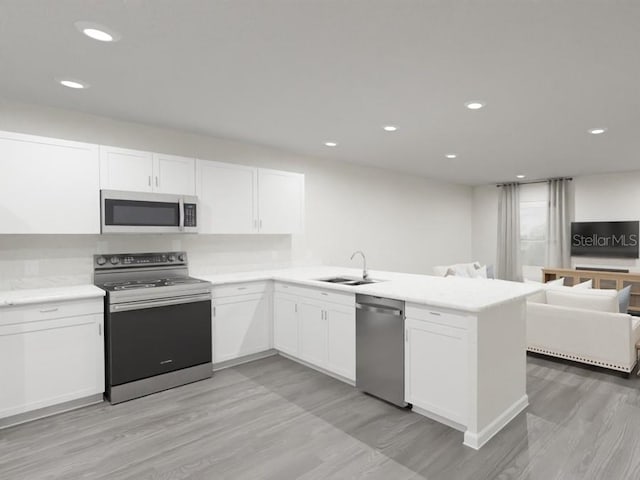 kitchen with a sink, a peninsula, white cabinets, and stainless steel appliances