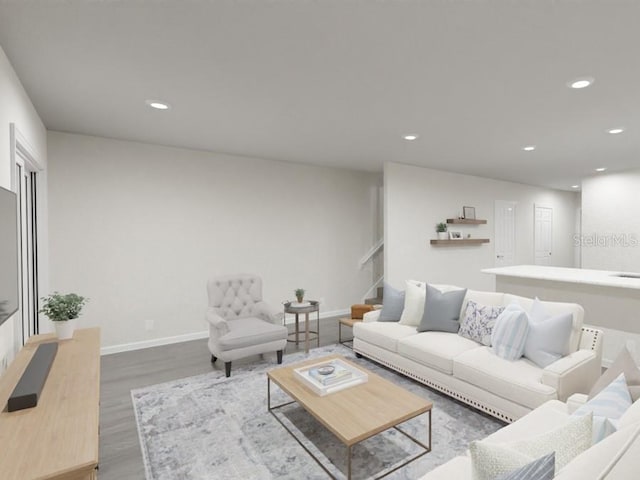 living room with recessed lighting, stairway, baseboards, and wood finished floors