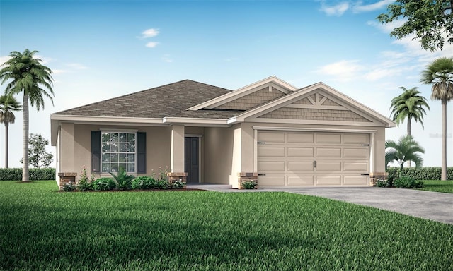 view of front facade with driveway, an attached garage, a shingled roof, stucco siding, and a front lawn