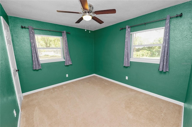 empty room featuring baseboards, a ceiling fan, and carpet