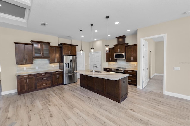 kitchen with a sink, stainless steel appliances, visible vents, and dark brown cabinets