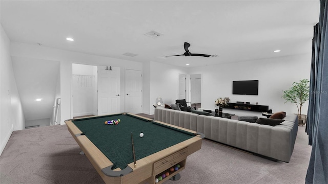 recreation room with baseboards, carpet floors, recessed lighting, billiards, and a ceiling fan